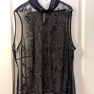 Sheer embroidered sequined shell in black